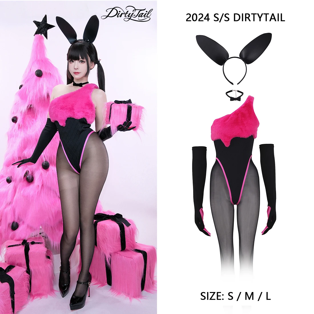 

Strawberry Ice Cream Bunny Girl Black Powder Rabbit Velvet Stitching Knitting One-piece High Split Sexy Christmas Cos Anime