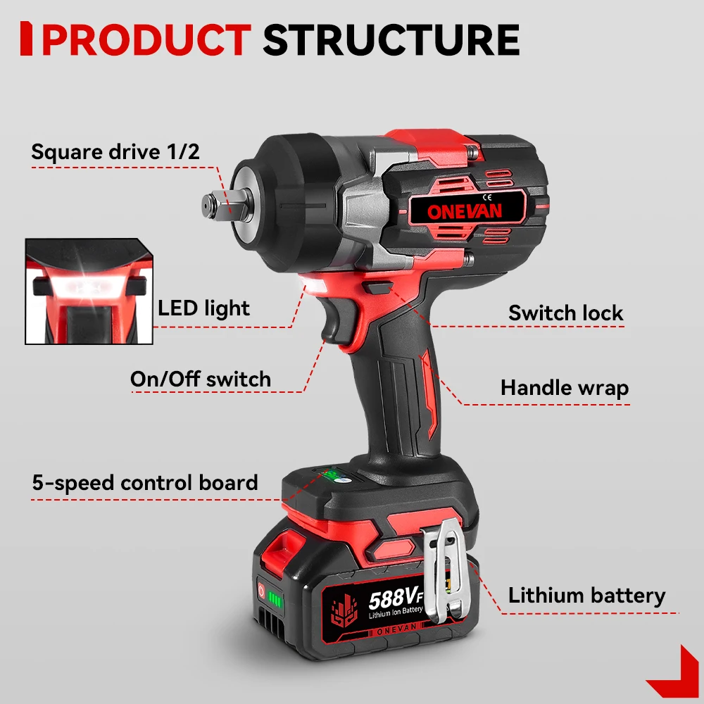 ONEVAN 2800N.M 2800W Brushless Electric Impact Wrench 1/2 Inch Cordless Torque Wrench Screwdriver Tool For Makita 18V Battery