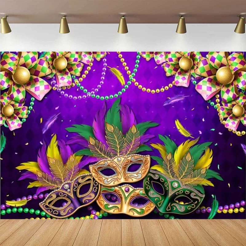 

Mardi Gras Photography Backdrop Masquerade Background New Orleans Carnival Party Decor Festival Banner Beads Mask Photo Booth