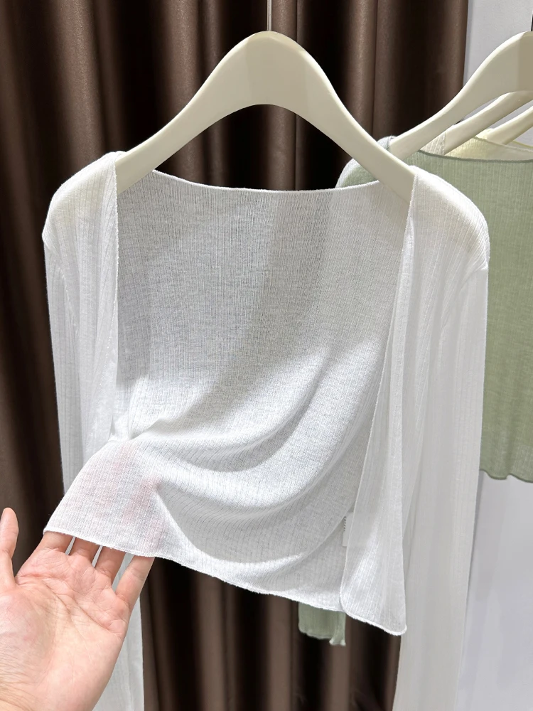 

White Ice Silk Knitted Long Sve Open Cardigan Outerwear Women's Summer awl Sun Protection Thin Cover up Commute Sle