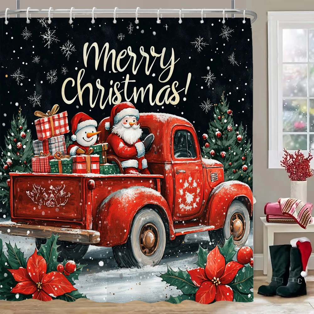 

Christmas Pink Santa Claus Shower Curtain, Bathroom Decorative Shower Curtain, Merry Christmas Shower Curtain with Hooks