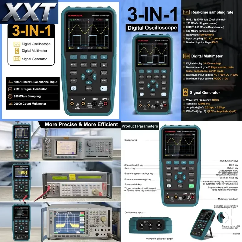 XXT Portable 3-in-1 Electronic Tester Dual Channel Oscilloscope Multimeter Signal Source For Circuit Component Detection