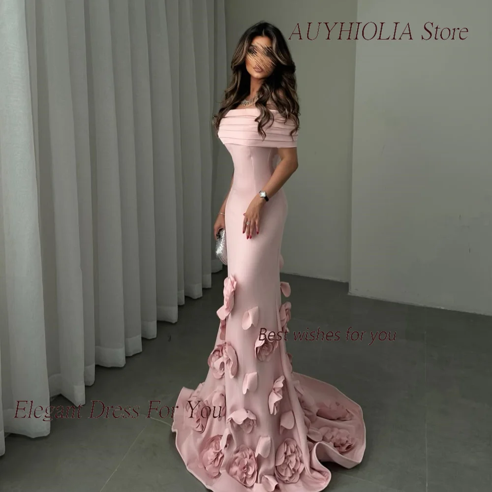 Satin Evening Dress For Sexy Women 정장원피스 Vestidos de festa Elegant Off Shoulder 3D Appliques Floor-Length Cocktail Prom Gown