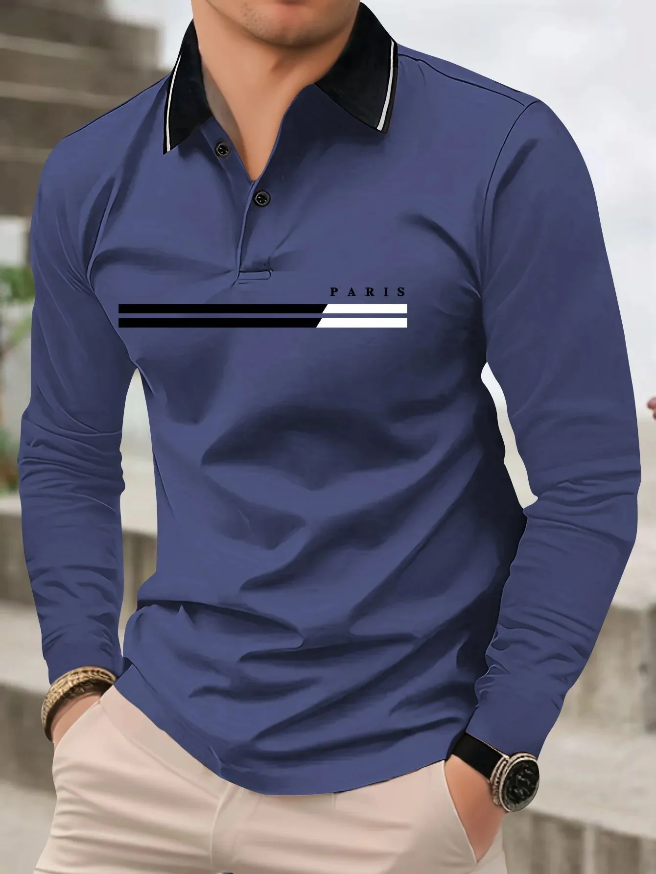 New winter/autumn men's long-sleeved polo shirt featuring street fashion and comfortable 3D letter print technique