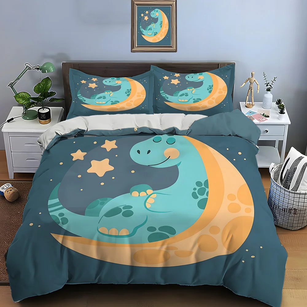Cartoon dinosaurs are sleeping soundly on the moon Pattern Duvet Cover Set Digital Print Polyester Bedding with Zipper Closur