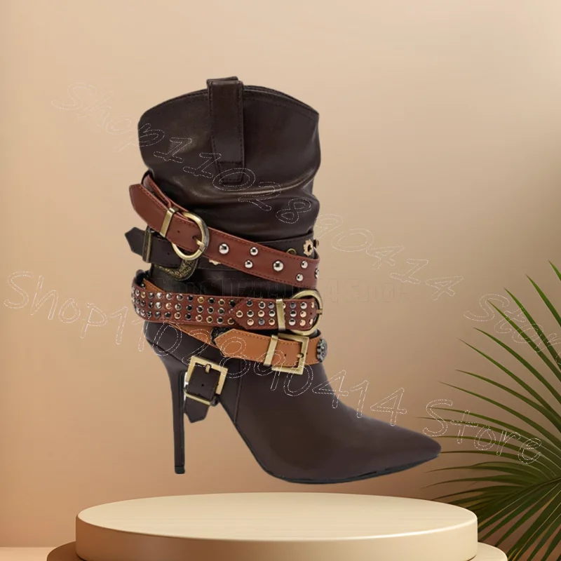 

Brown Belt Fastener Gold Riets Pointed Toe Boots Slip On Women Shoes Thin High Heels Party Feast Dating 2025 Zapatos Para Mujere
