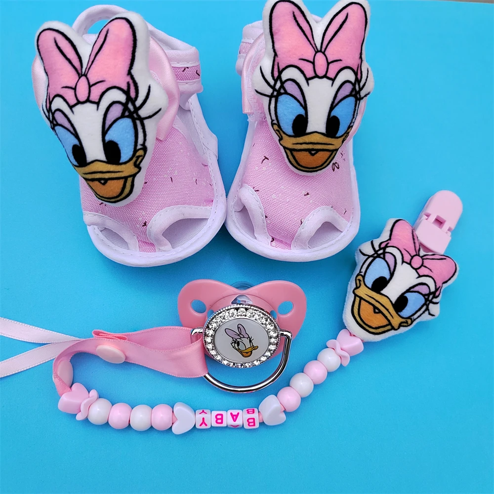 New Pink Daisy Duck Summer Anime Them Plush Happy Princess Baby Shoes Lace Headband Set Personalized with Name Holder for Nipple