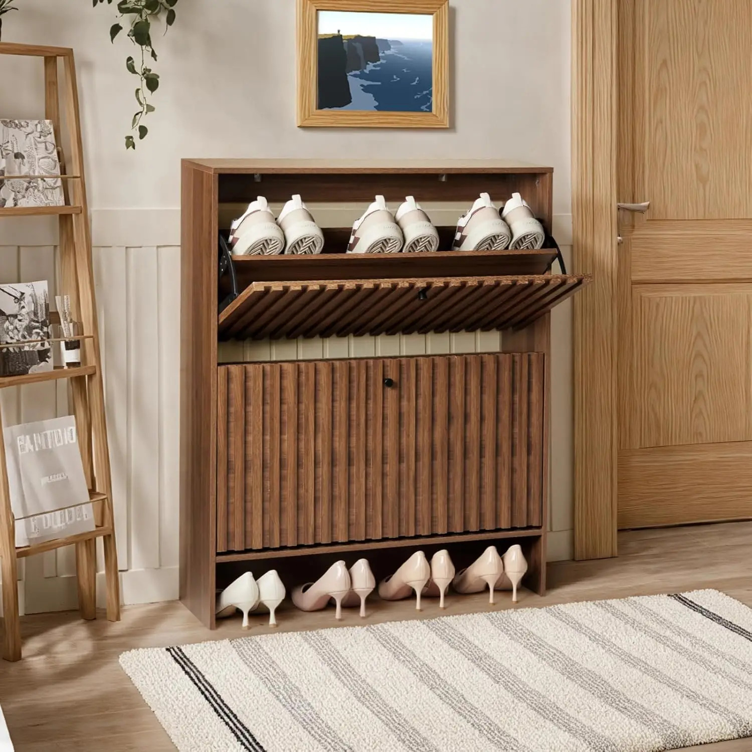 31.5''W Walnut Shoe Storage Cabinet for Entryway with 2 Flip Drawers, Fluted Slim Shoe Cabinet, Free Standing, Customized
