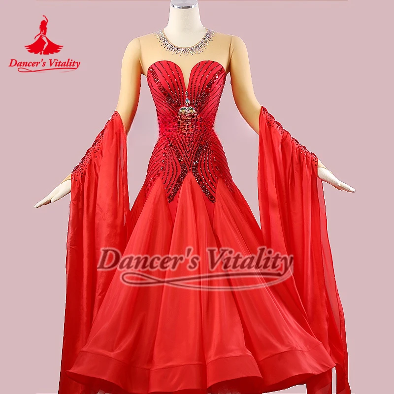 Adult Female Ballroom Dance Contest Clothing Customize Waltz Foxtrot Performance Dresses Comprising Breast Pads and Underpants