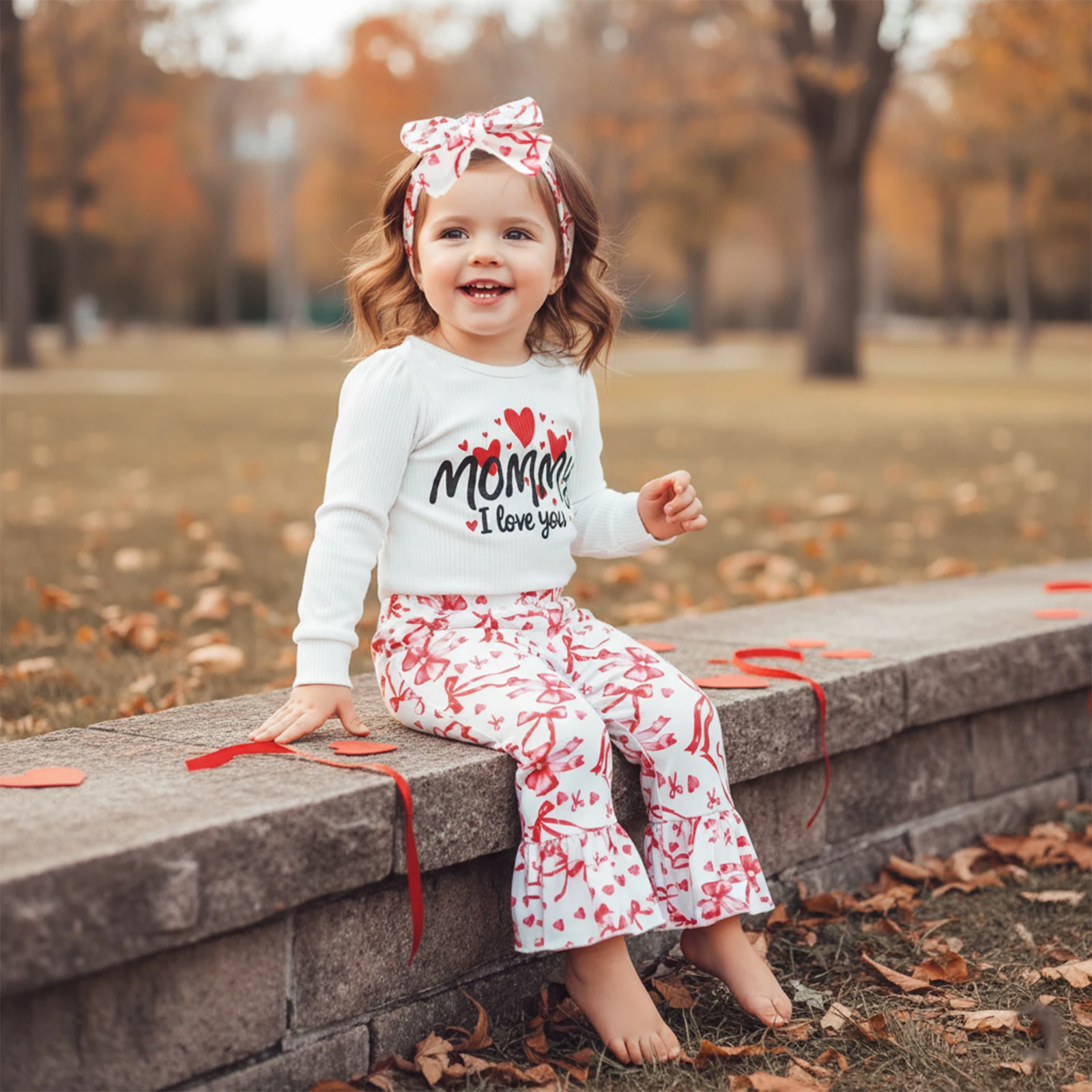Baby Girl Valentines Outfit Love Heart Letter Print Long Sleeve Romper Bow Print Bell Bottoms and Bow Headband 3 Pcs Set
