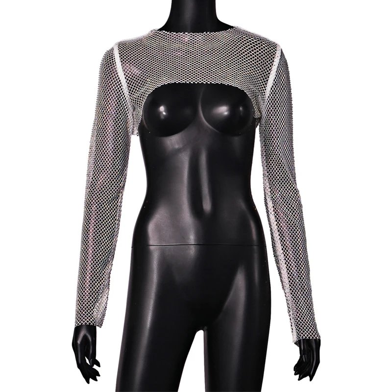 Damen AB Strass Netzstoff Langarm Crop Top Glänzendes Funkelndes Mesh Durchsichtiges Cover-Up Top Sexy Nachtclub Rave Party Festival – Detail 7