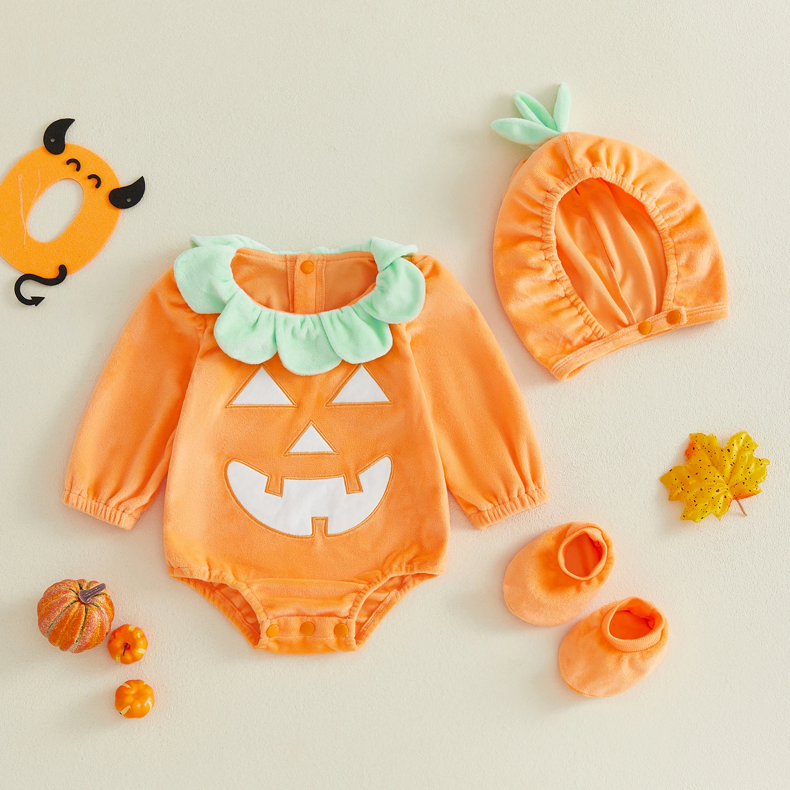 Baby Pumpkin Costume Cute Girls Boys Long Sleeved Romper Hat and Shoes for Halloween Holiday Cosplay Outfit