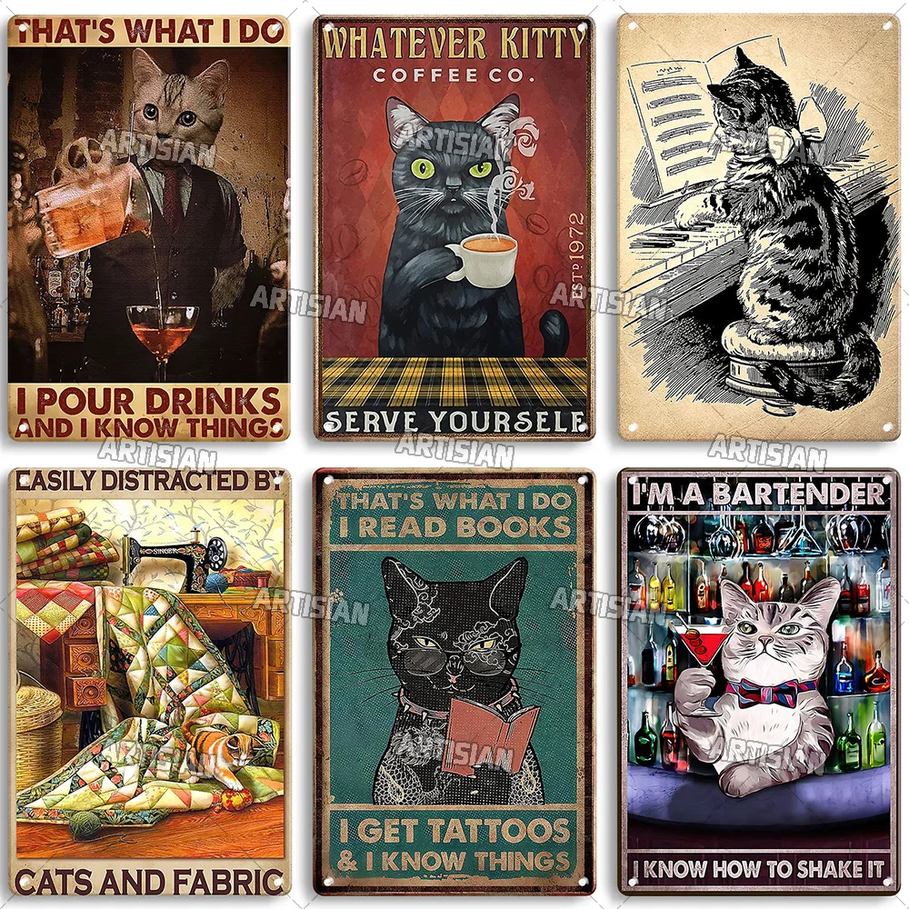 Artisian Black Cat Retro Metal Poster Funny Pet Vintage Decorative Tin Sign Garage Bar Pub Club Kitchen Home Man Cave Wall Decor