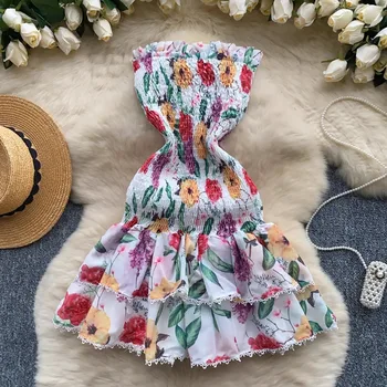 Robe d'été courte à fleurs pour femmes, corset imprimé floral, dos nu sexy, volants, gâteau, mini fleur éducative, robe de plage, vacances d'été