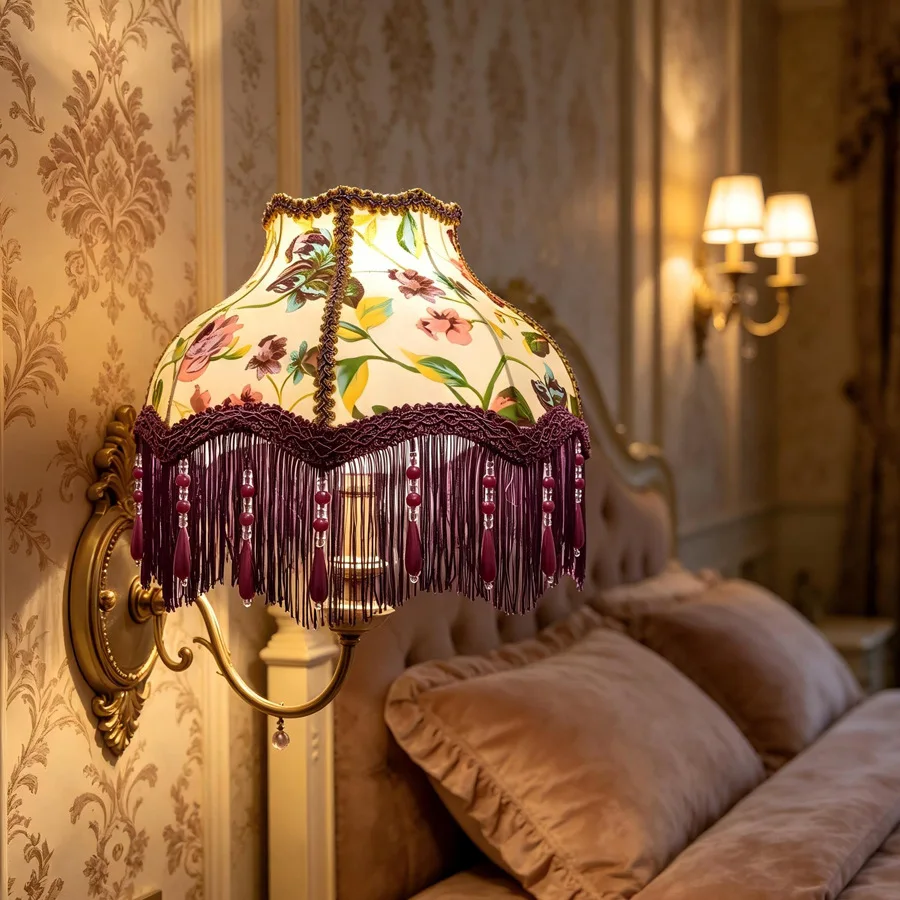 Countryside Style Lampshade with Purple Tassel Pendant Floral Print Lampshade