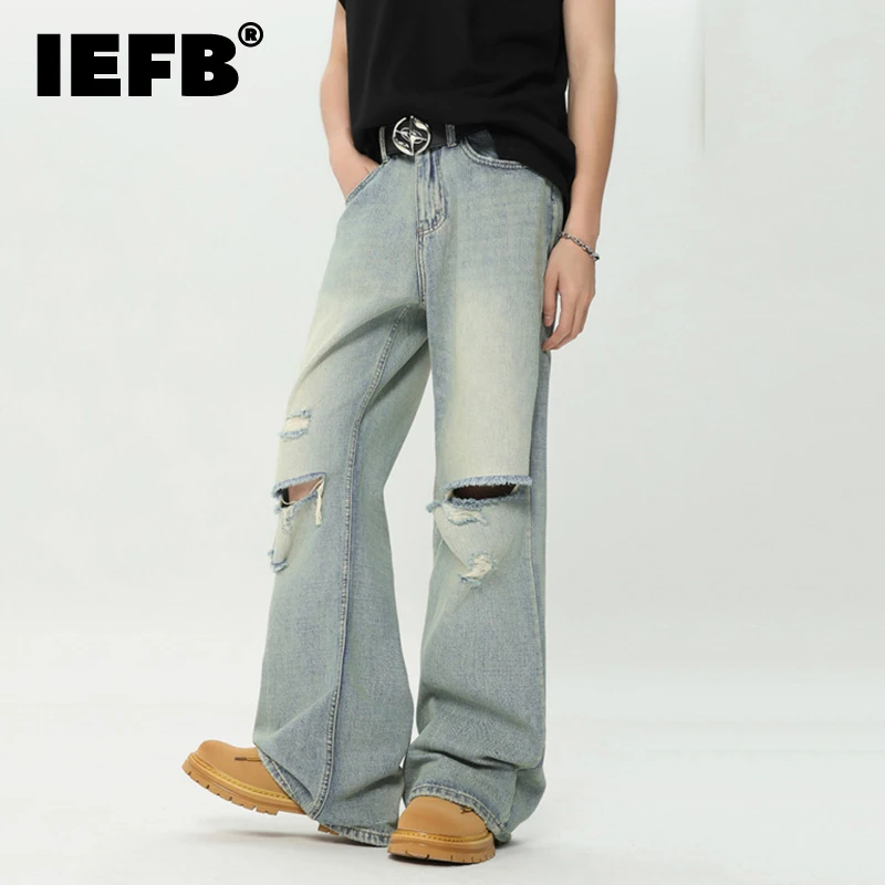 

IEFB High Street Men's Jeans Straight Loose Hole Worn-out Men Denim Pants 2024 Summer New Trendy Male Trousers Women 9C6631