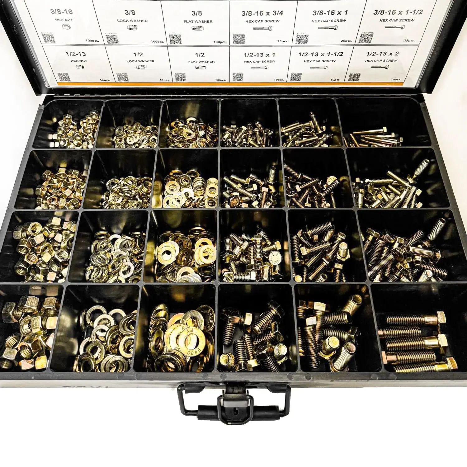 

1275 Piece Grade 8 Yellow Zinc Nut Bolt Washer Assortment, Hex Head Cap Screws, Flat And Lock Washers..