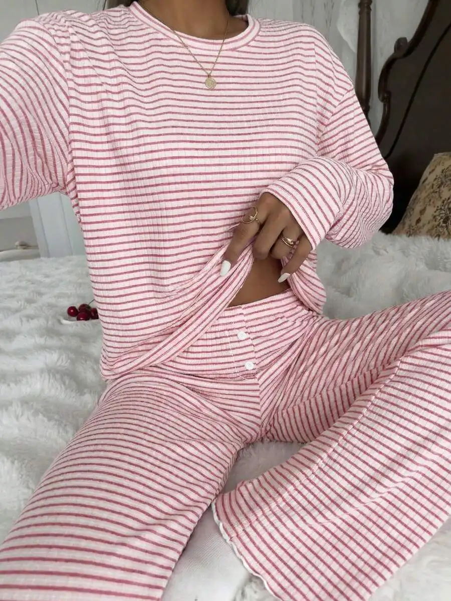 Women Casual Striped Loose Fit Round Neck Long Sleeve Pajama Set