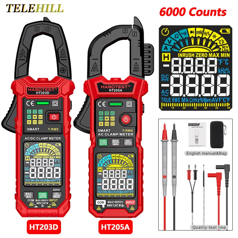 HT203 HT205 Digital Clamp Meter 6000 Counts Color Screen Auto Range DC AC Current Multimeter Inrush Current Temperature Tester