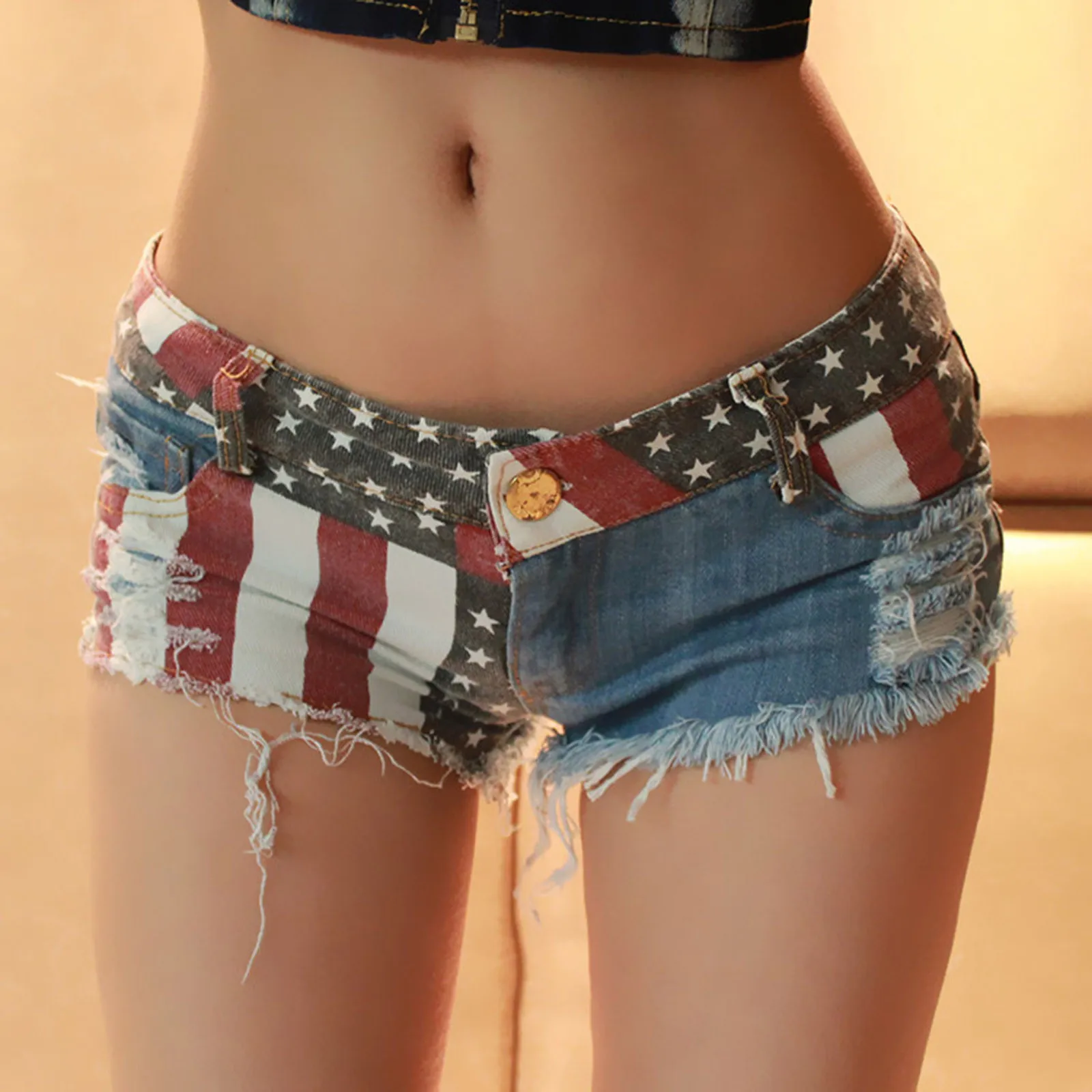 

Women America Flag Print Casual Hole Ripped Denim Shorts Pockets Mini Hot Frayed Jean Short Pants Mujer Spring Summer Cortos