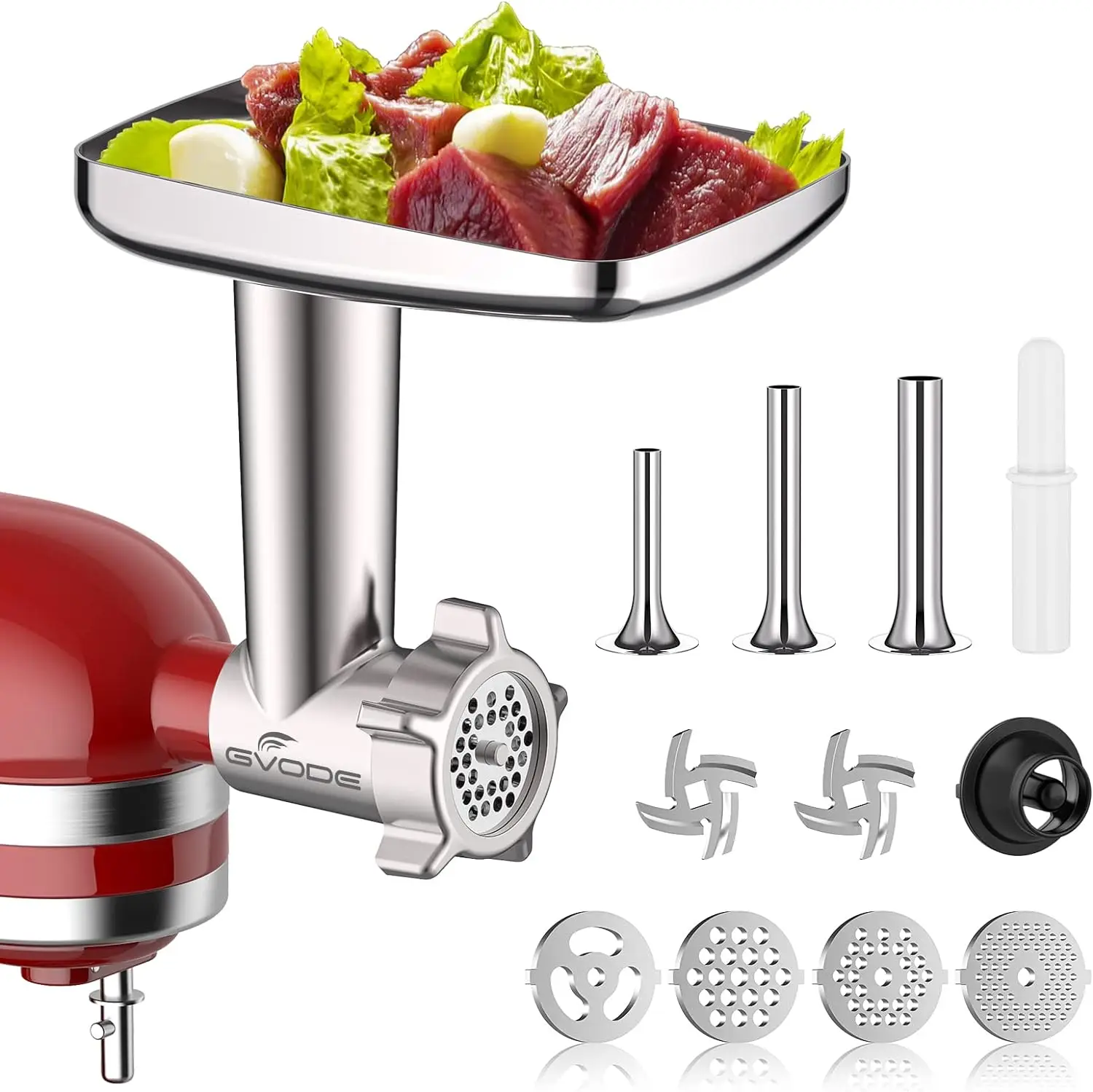 

Meat Grinder Attachment for KitchenAid Stand Mixer, Include 2 Grinding Blades,4 Plates,3 Sausage Kubbe Kit, Burger Press Holder