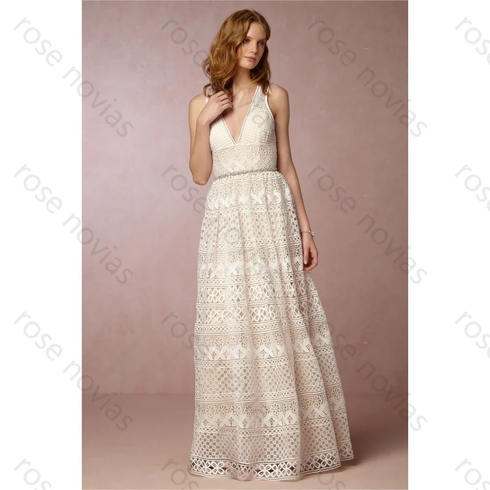 

Customized White Elegant Wedding Dresses V-Neck A-line High Quality with Lace for Floor-length for Bespoke Occasion Party