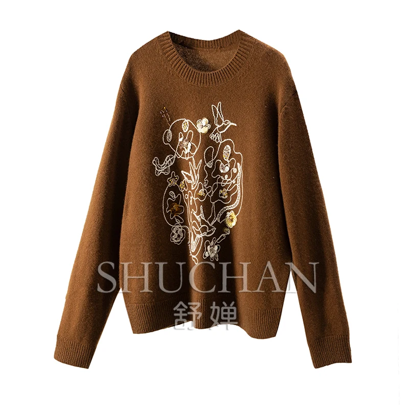 

Cashmere Bead Pieces Embroidery Crew Neck Long Sleeve Sweater Women's 4Y09 Sueter Mujer Invierno 2025