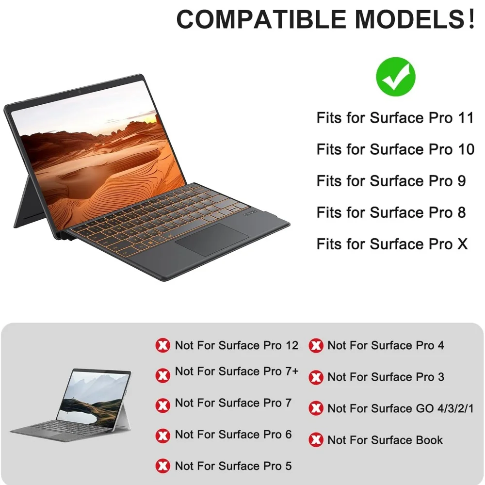 Bluetooth Keyboard for Microsoft Surface Pro 11 2024 10 9 8 X 13inch Charging Type-C 7-Color Backlit Trackpad Wireless Keyboard