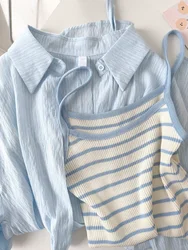 Korean Style Blue Sun Protection Shirt Women's Summer Knitted Stripe Slim Fit Tank Top Two-Piece Set Commute Fashion