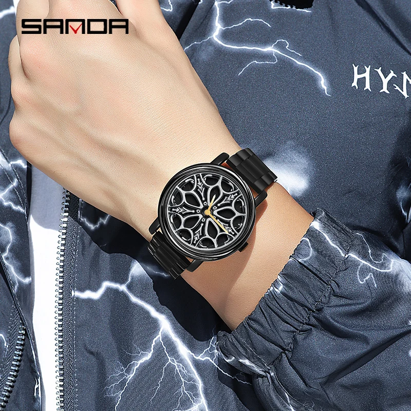 SANDA Quartz Watch Luxury Brand New Mens Luxury Personality Watches Fashion Hollow Dial Steel Band Waterproof Trend Watch Reloj