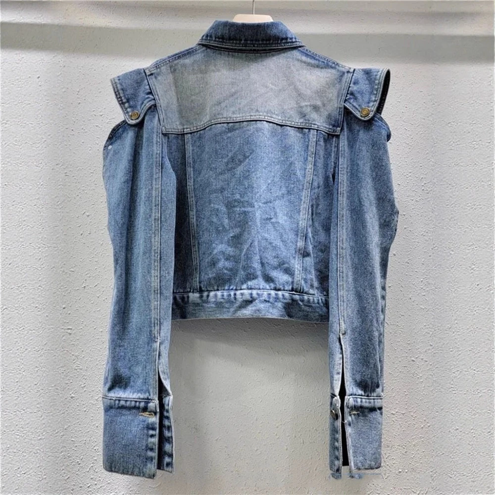 Short Denim Retro for Women Heavy Industry Right Angle Sleeve Design Coat Spring Autumn Street American Loose Leisure Versatile