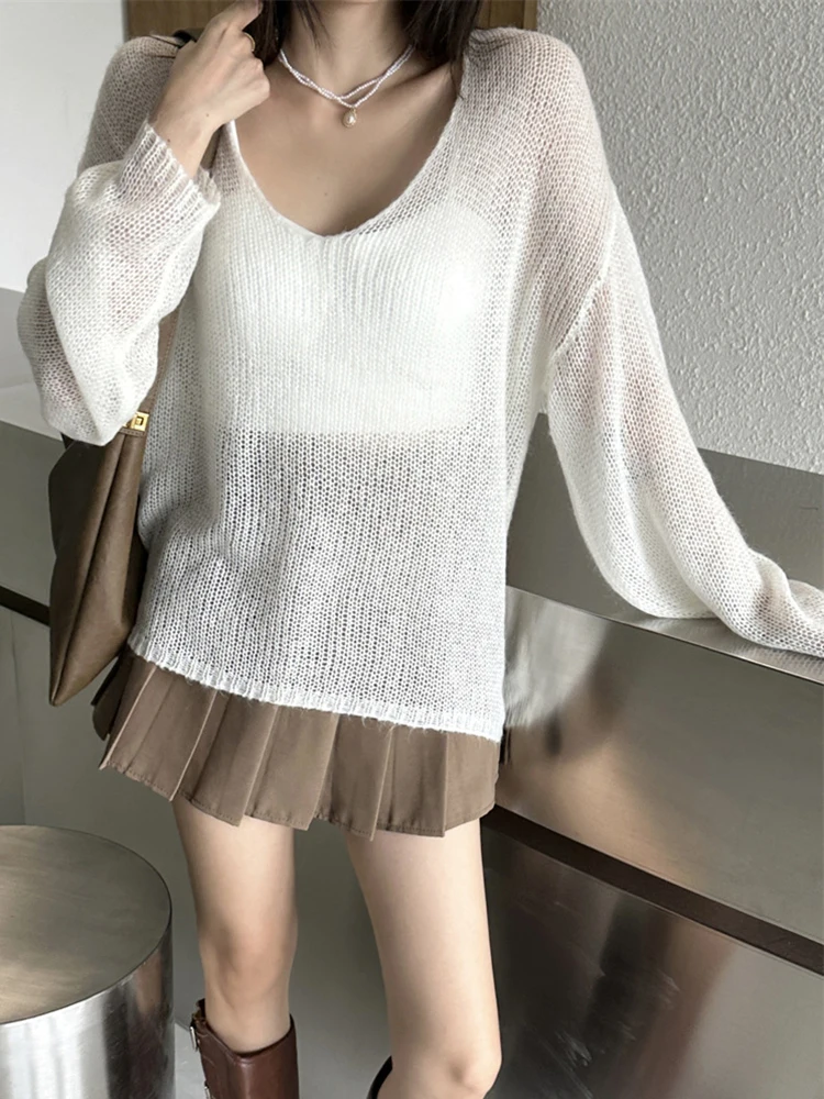 LANMREM Fashion Perspective Wool Knitting Sweater Women V Neck Long Sleeves Solid Color Tops Casual 2024 Spring New 2AA2110