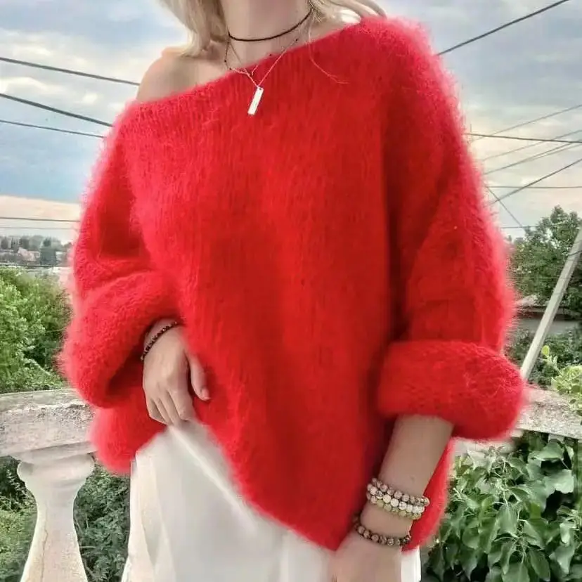 New handmade loose casual Chinese red one neck pullover sweater soft women\'s thick knitted wool single neck off shoulder mohair