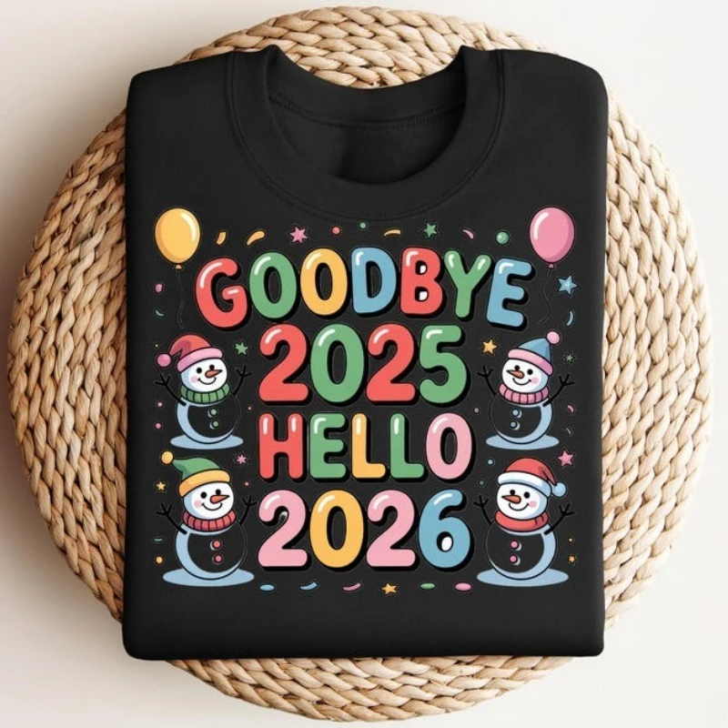 غلوب وداعا 2025 مرحبا 2026 عيد ميلاد سعيد ثلج بالون الخريف والشتاء الكبار البلوز طويلة الأكمام الحرارية هوديي