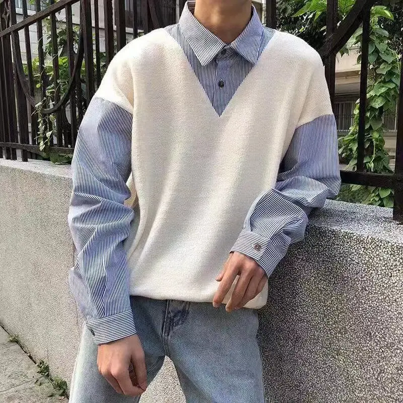 Korean Fake Two Piece Sweater Men's 2024 Autumn New Spliced Square Collar Button Fashion Loose Casual Long Sleeve Knitted Top