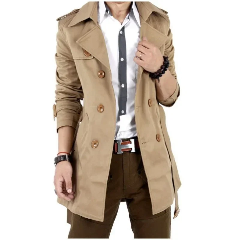 

Men's Windbreaker Jacket Vintage Black Khaki Spring Autumn Business Trench Male Double Breasted Retro Classic Long Coat Thick