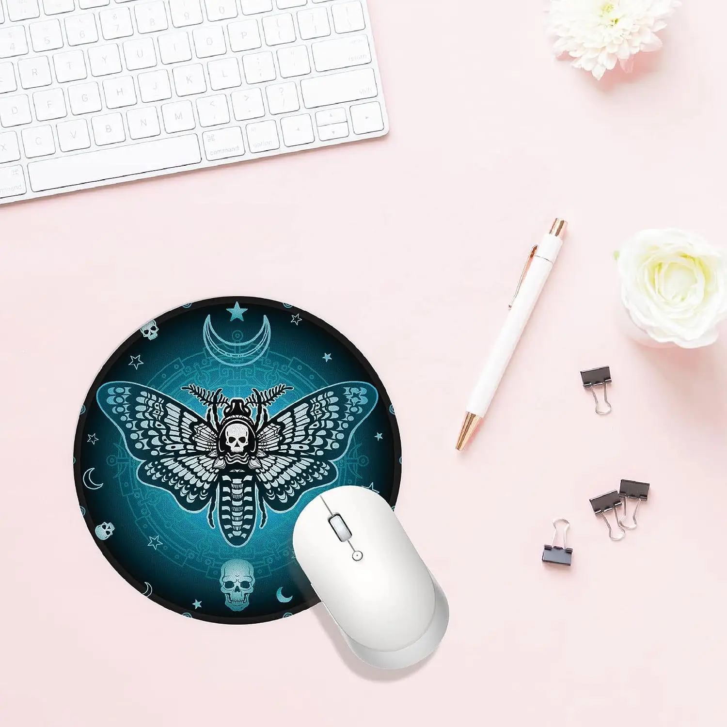 Blue Butterfly Skeleton Skull Waterproof Small Round Mouse Pad 7.9 x 7.9 Inch Non-Slip Rubber Base  Mousepad for Office Home