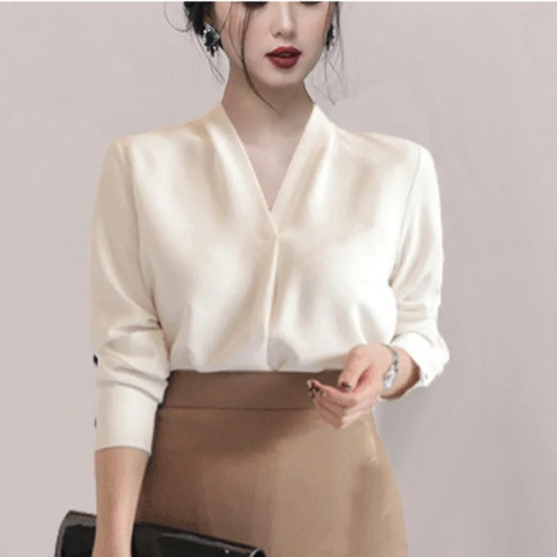 2024 Autumn Long Sleeve White Shirt Women Korean Style V-neck Loose Tops Summer Office Lady Solid Chiffon Blouse Female 9382