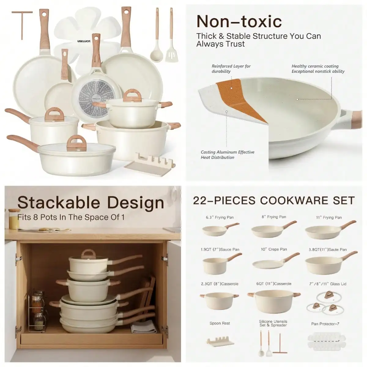 Pots And Pans Set Non Stick 22 Pcs Ceramic Cookware Sets Nonstick Kitchen Pot&Pan With Lid Cream White Granite Induction Compatible With Glass Lids Crepe Frying Pan /