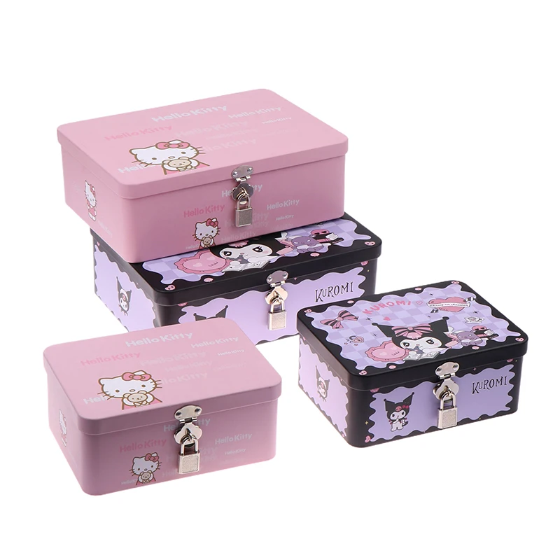 Kawaii Sanrio Hello Kitty Tinplate Box Kuromi Desktop Storage Box W/Lock Cosmetics Jewelry Organizer Candy Storage Box