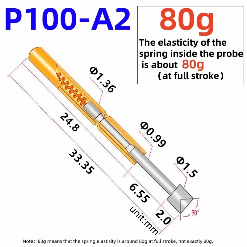 20/100PCS P100-A2 Spring Test Probe 80g Elasticity Test Pin 33.35mm Metal Spring Test Pin P100-A Nickel-Plated Head Pogo Pins