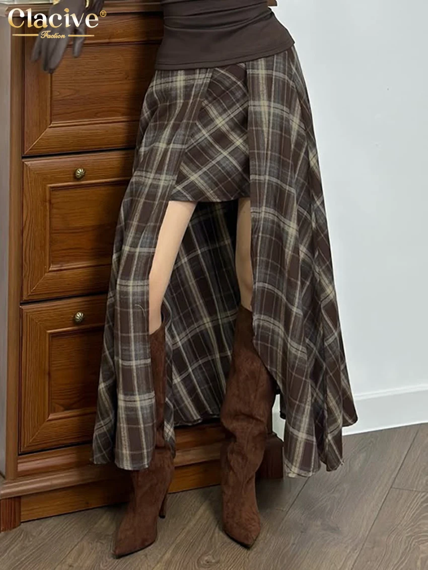 

Модная женская юбка Clacive свободного кроя в коричневую клетку, 2026, повседневная, с высокой талией, длиной до щиколотки, элегантная, классическая, асимметричная