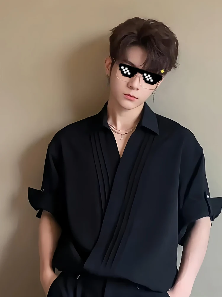 

Ice Silk Men's irt ort Sve Pleated Asymmetrical Hem Loose Fit Youth Trend Spring Summer Casual Wear Pure Color