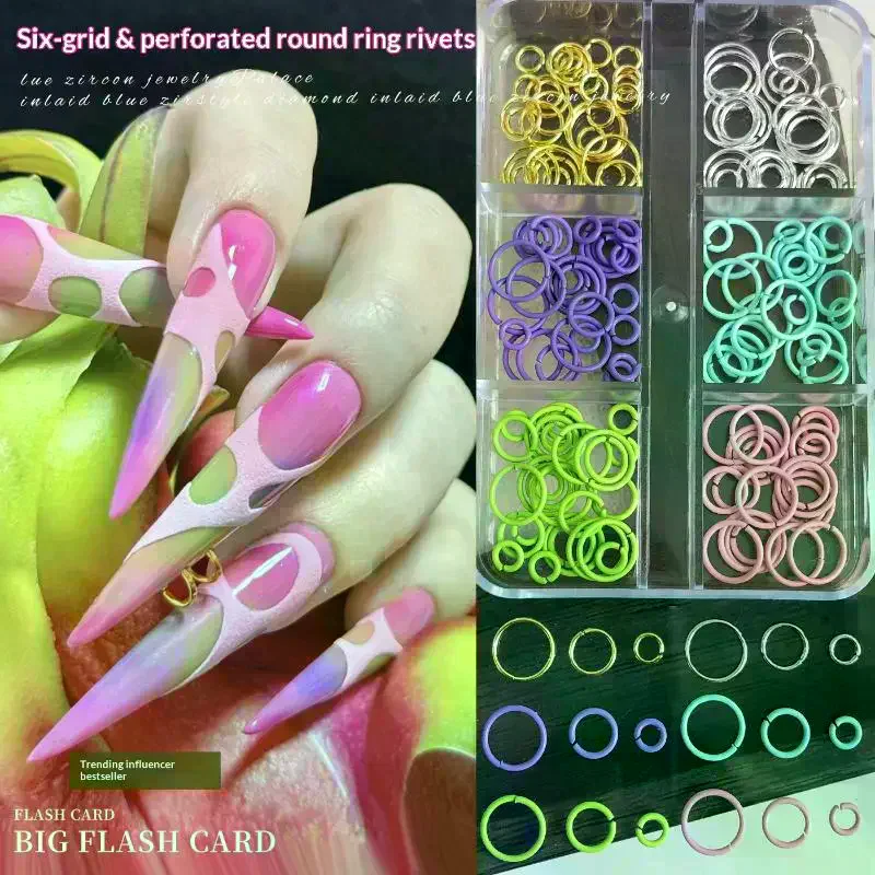 6grids/box Dopamine Colors Perforated Circular Ring Nail Accessories Parts For Nails Decoration Manicure Decor Supplies Material