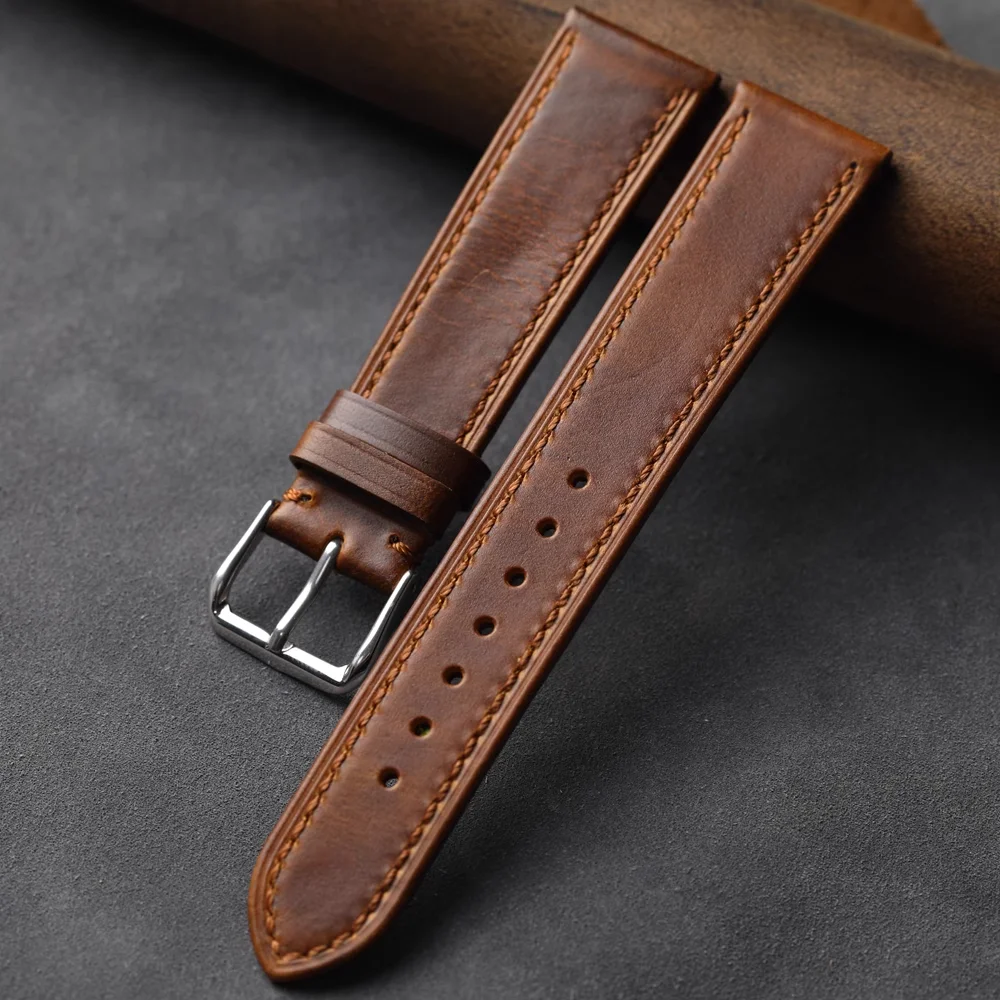 Head Layer Cowhide Strap 18MM 19MM 20MM 21MM 22MM Brown Grey Genuine Leather Ultra-Thin Bracelet Retro Style, Suitable For mech