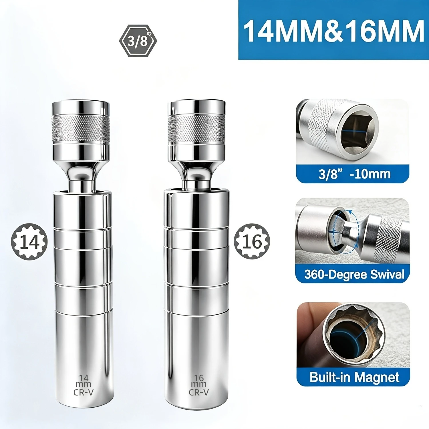 2pcs 360° Rotatable Magnetic Spark Plug Socket, Spark Plug Disassembly Tool, 3/8
