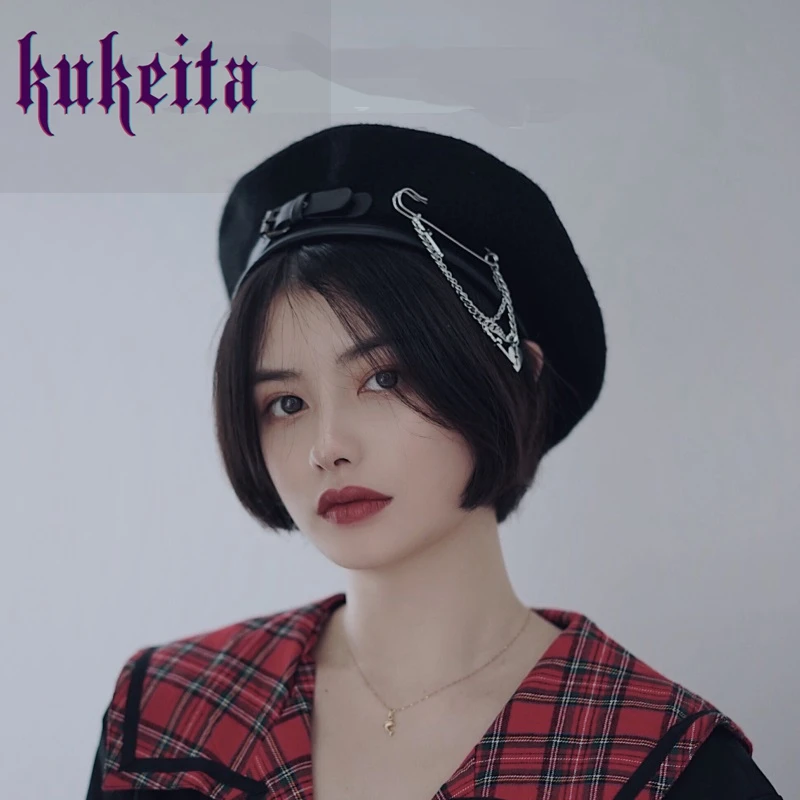 

Harajuku Metal Cross Chain Black Winter Warm Wool Beret Hats Women Girls