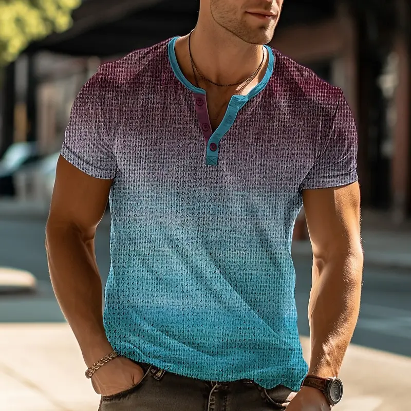 Summer Gradient 3D Printed Henley Shirts Men\'s Fashion Vintage Oversized Button Short Sleeve T Shirt Male Tees Tops Man Clothing