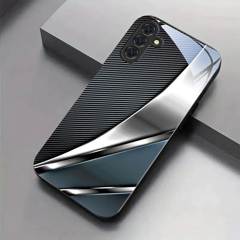 New Black Metal-Textured Line Tempered Glass Phone Case for Samsung Galaxy S26/S25/S24/S23 Ultra /S22 Ultra/S20 /56/A72/A73 5G