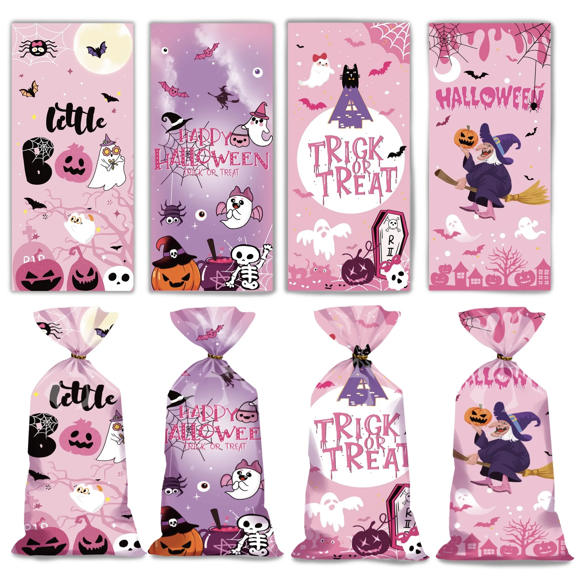

50pcs Halloween Cute Pink Ghost Flat Pocket Chocolate Snack Packaging Bags Ghost Candy Gift BagsTrick or Treat Party Supplies